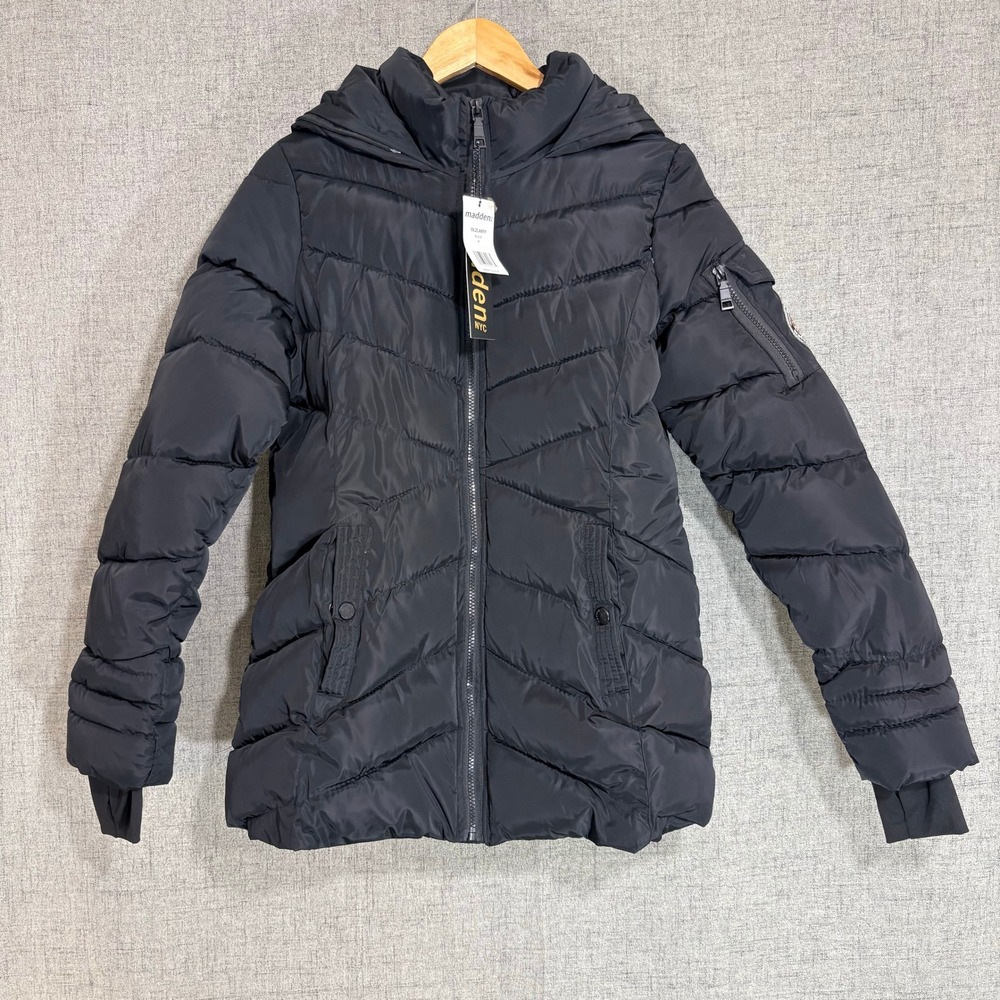 Madden NYC Women Jacket Medium Black Quilted Hooded Puffer
